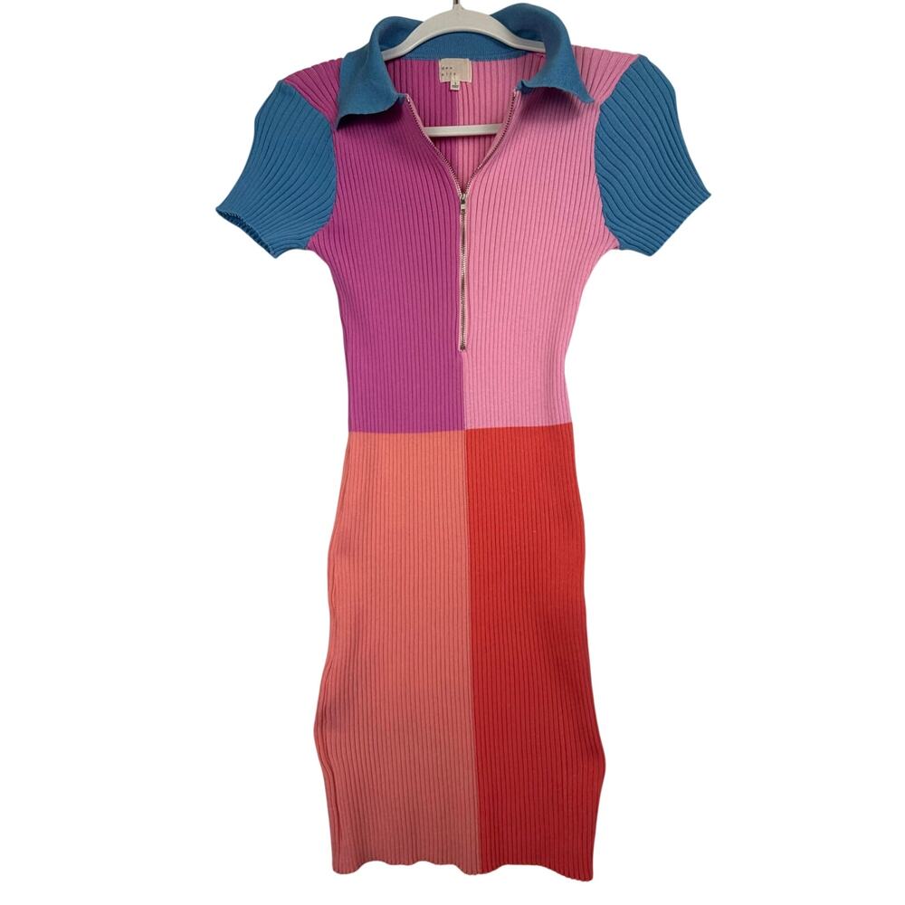 Dee Elly Colorblock Ribbed Knit Polo Dress Women Size S Multicolor Retro